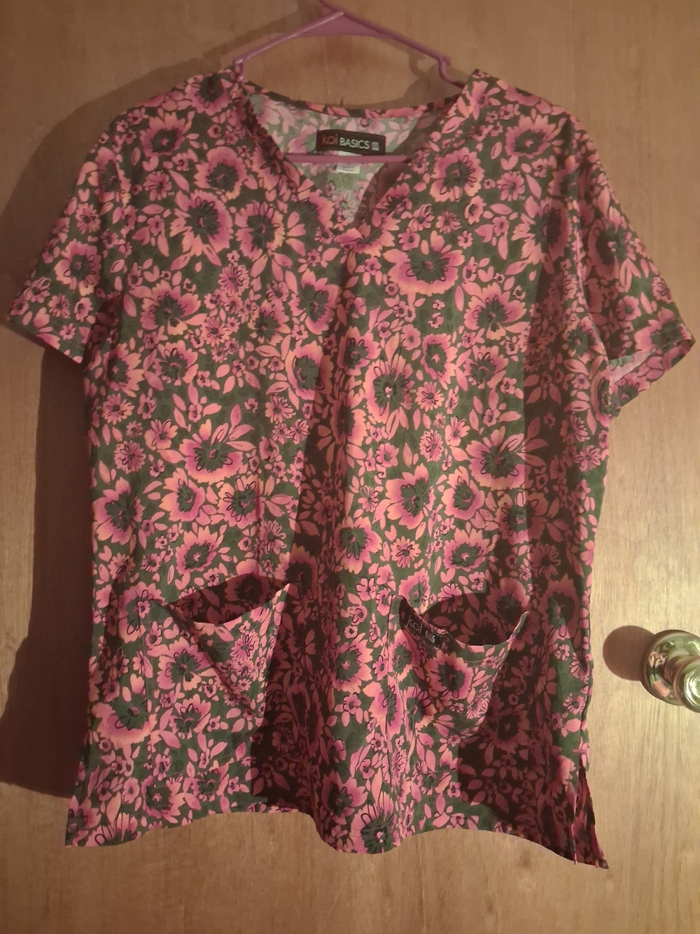 koi Pink and Green Floral V-Neck Scrub Top